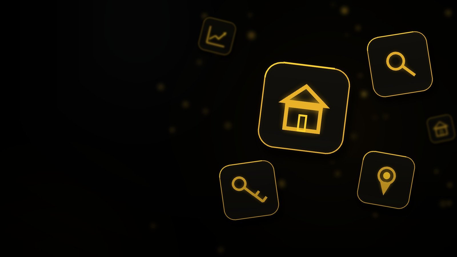 Globex inventory — black and gold icons of home, search, key and location