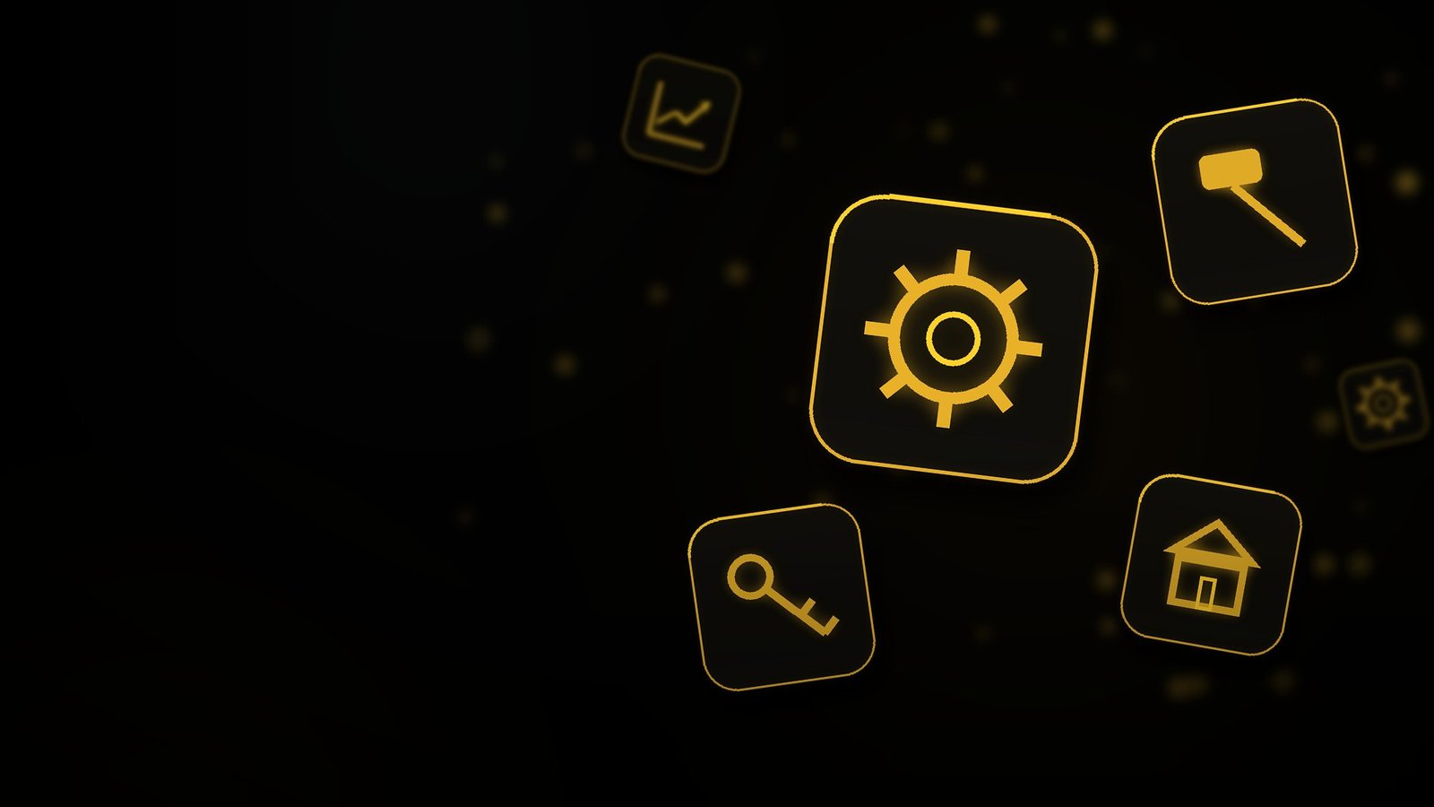 Globex services — black and gold icons of building, handover, management and maintenance